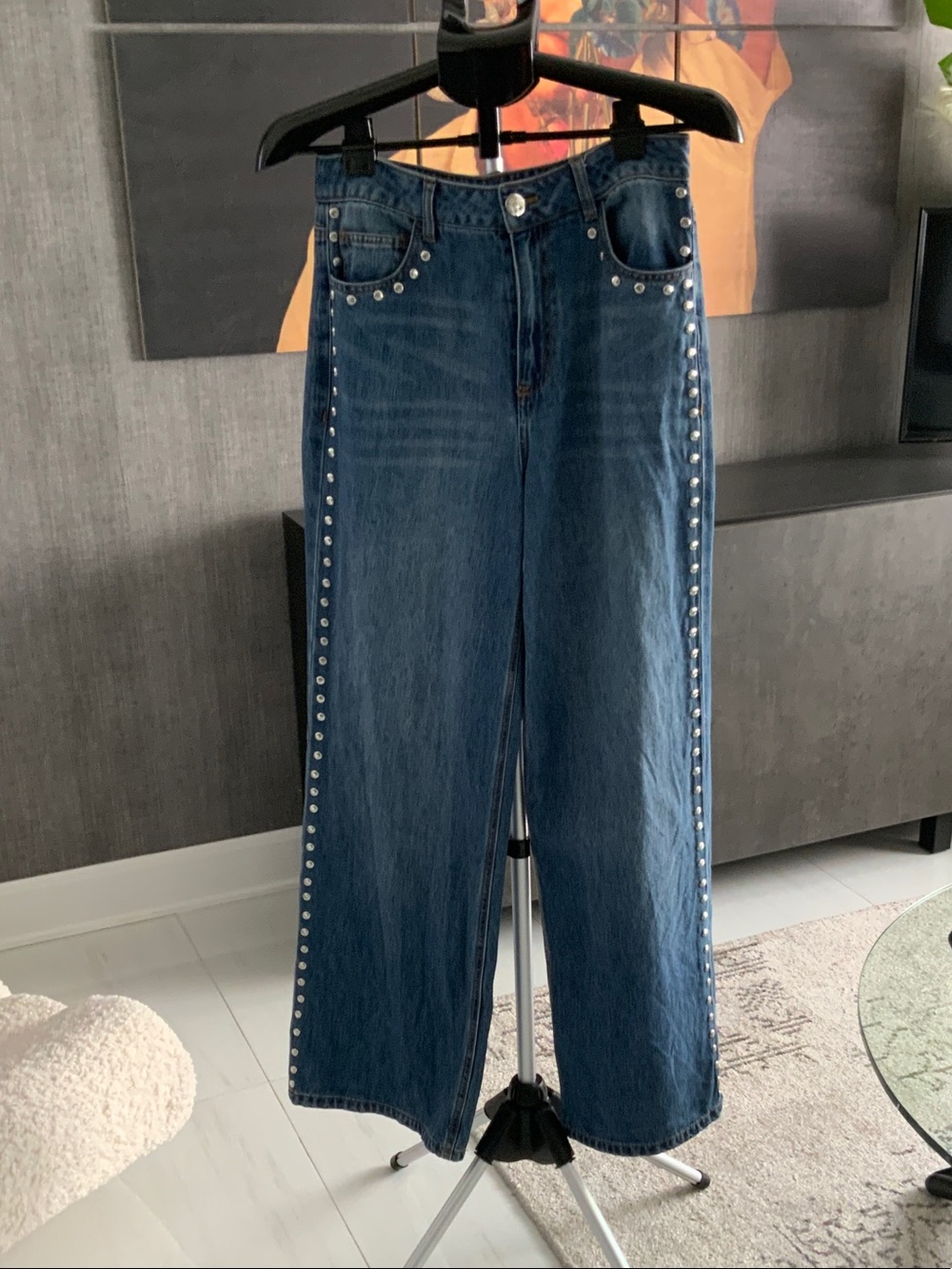 House of Harlow 1960 Dark Blue Wide-Leg Jeans with Silver Studs 6